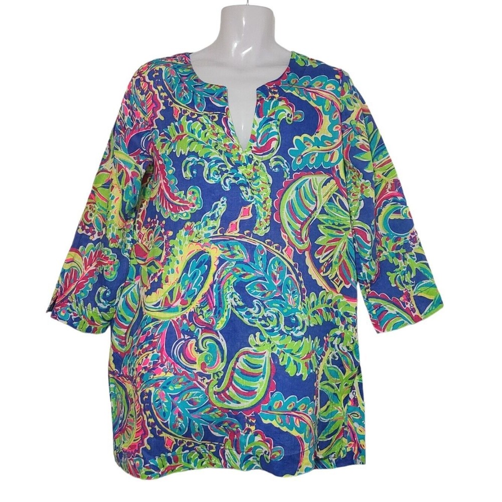 Lilly Pulitzer Swim Cover Women's L Colorful  Linen Pullover V-Neck Resort